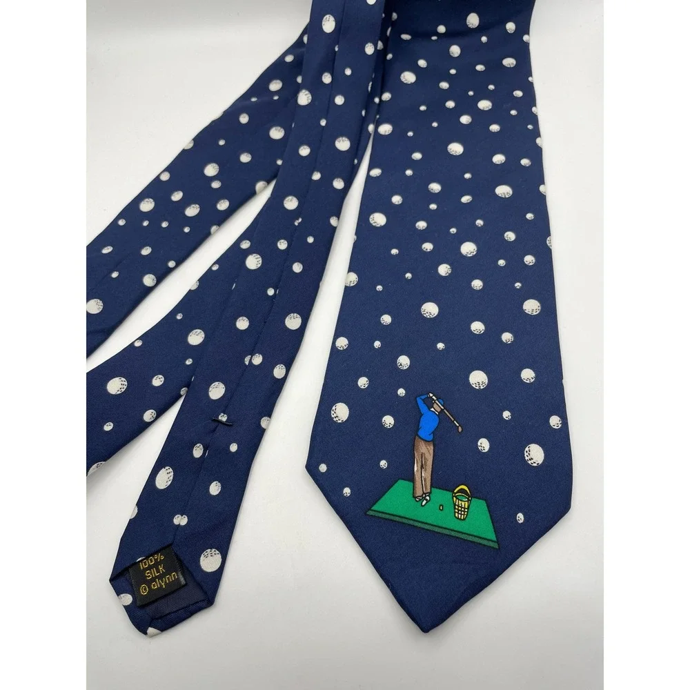 Alynn Neckwear Mens Vintage 1993 Golf Silk Tie Navy Blue Practice Novelty Sport